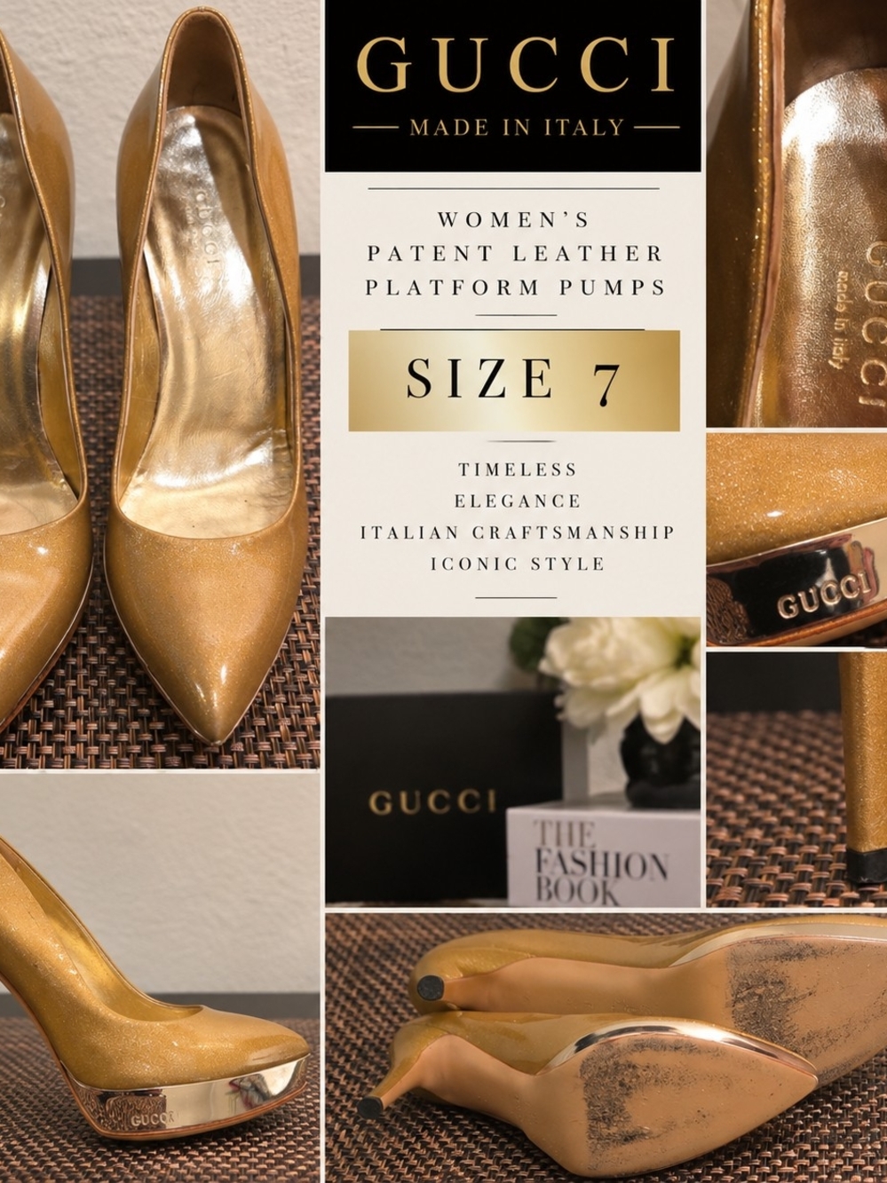Gucci Metallic Gold Patent Leather Platform Pumps